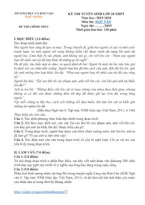 Đề thi tuyển sinh Lớp 10 THPT môn Ngữ văn - Năm học 2019-2020 - Sở giáo dục và đào tạo Hậu Giang (Có đáp án)
